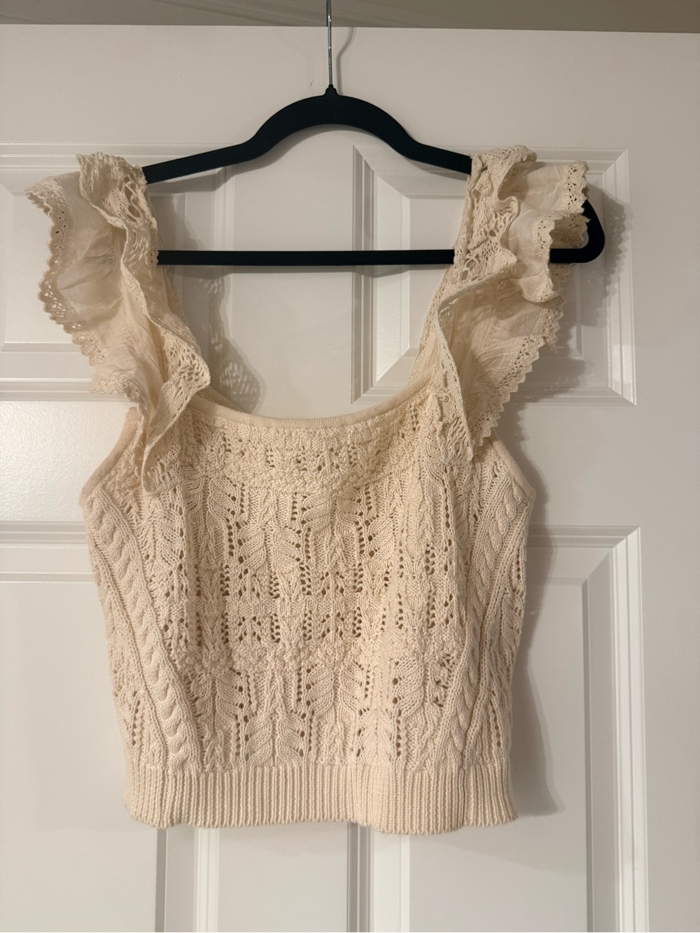 Anthropologie Cream Knit Lace-Trim Ruffle Strap Tank
